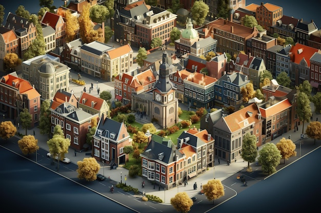 Europese stad isometrische diorama 3D rendering stijl AI gegenereerd