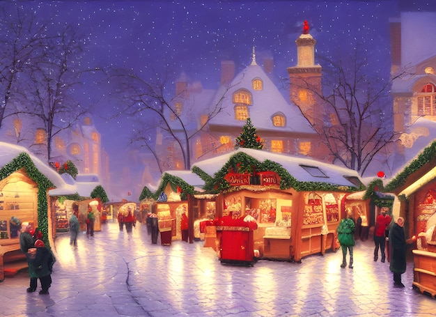 Europese stadsstraten met Kerstmis, kerstmarkt, gelukkig nieuwjaar sfeer