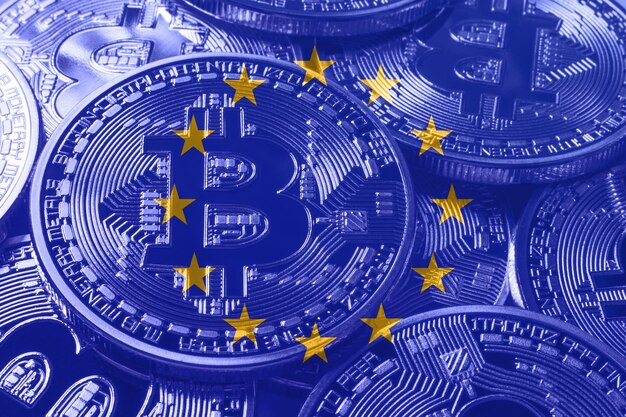 Europese Unie bitcoin vlag, nationale vlag cryptocurrency concept zwarte achtergrond