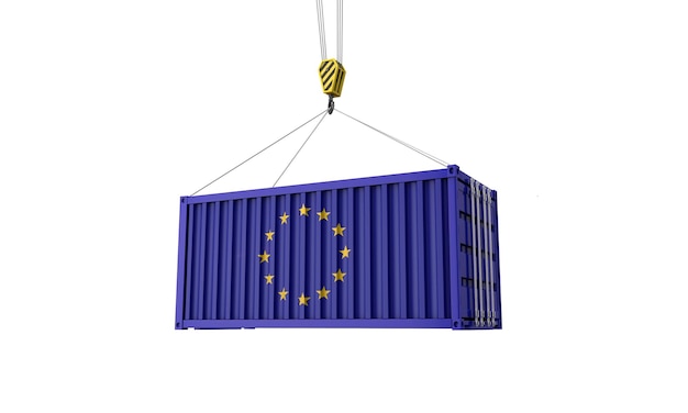 Europese unie vlag vracht handelscontainer hangend aan een kraan d render