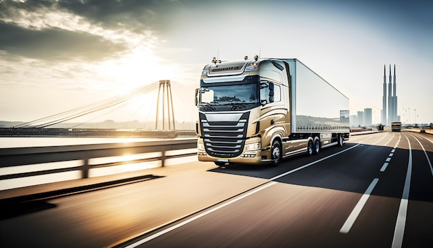 Europese vrachtwagen rijdt op de snelweg bij zonsondergang met een grote stad op de achtergrond illustratie ai generatief