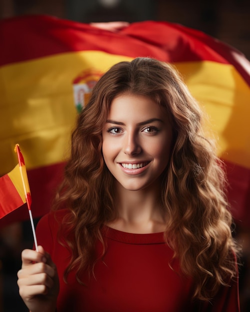 Foto europese vreugde jonge vrouw juicht met spaanse vlag