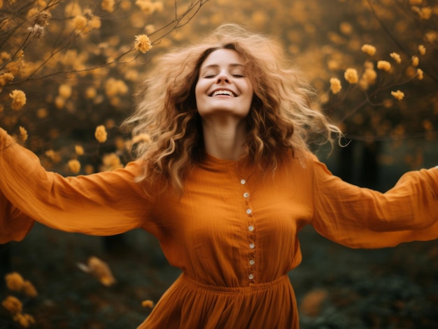 Europese vrouw in een emotionele dynamische pose op een herfstachtergrond