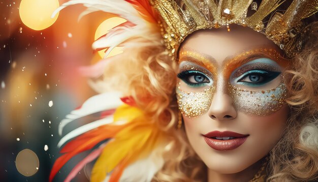 Europese vrouw met veren op haar hoofd en heldere make-up concept carnaval