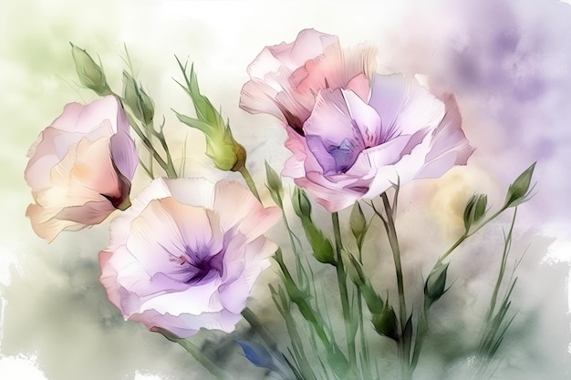 Eustoma bloeit in aquarel met pasteltinten en zachte streken