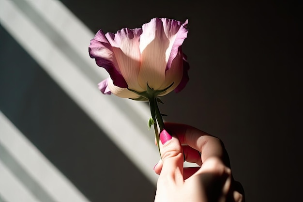Eustoma bloeit in de hand met zonlicht en schaduwen