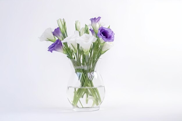 흰색 배경에 유리 꽃병에 Eustoma 꽃