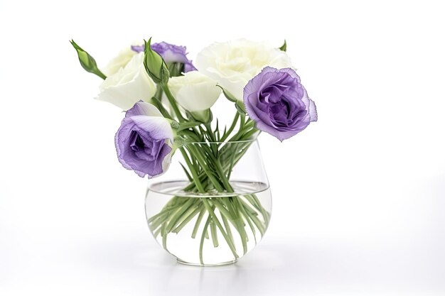 흰색 배경에 유리 꽃병에 Eustoma 꽃