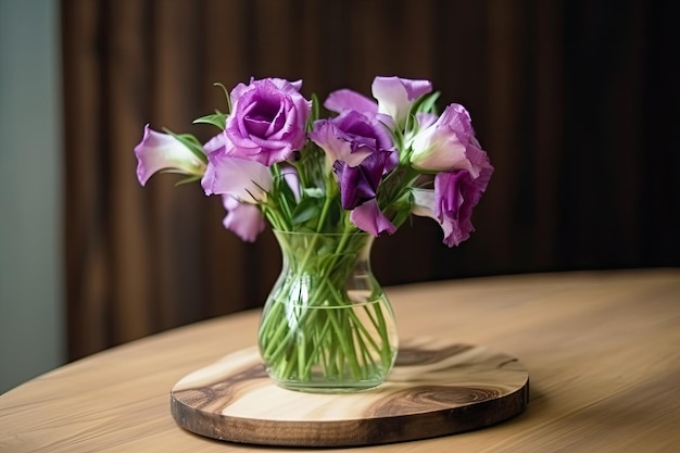 나무 테이블에 유리 꽃병에 Eustoma 꽃