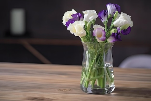 Eustoma bloom in glass vase on wooden table