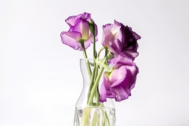 흰색 배경 근접 촬영 샷에 꽃병에 Eustoma 꽃