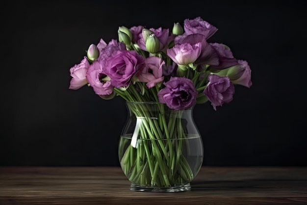 Eustoma 꽃 나무 테이블에 유리 꽃병