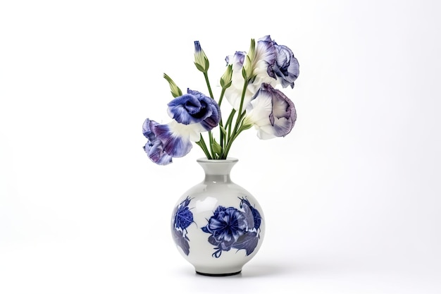 Eustoma blossom in handpainted vase on white background