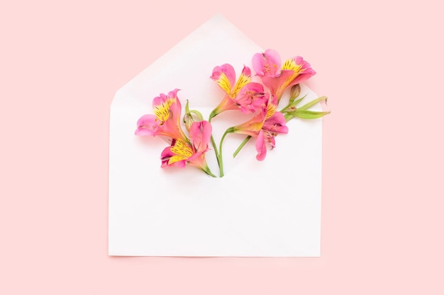 Foto eustoma in een envelop wenskaart