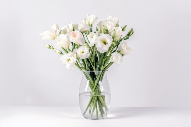 Eustoma in vase on white or light background