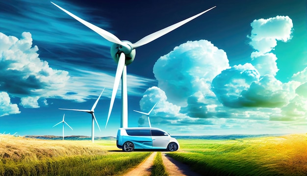 EV Auto-accuvoeding met windturbine Het idee voor groen, milieuvriendelijk