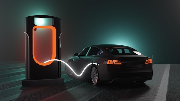 Ev-auto met elektrisch laadstation 3d-illustratiewerk