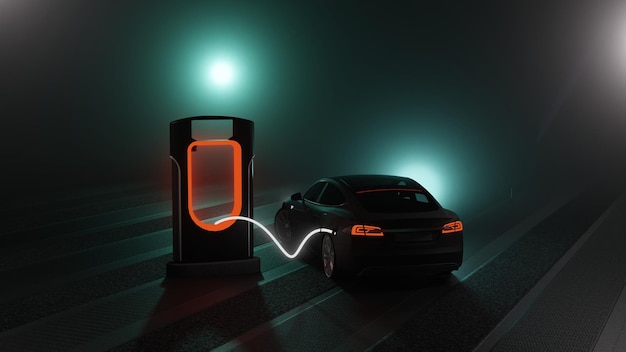 Ev-auto met elektrisch laadstation 3d-illustratiewerk