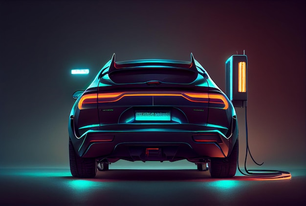EV-auto met oplader voor elektrisch laadstation en blauwe gloeiende lichtstreep Technologie en transportconcept Generatieve AI