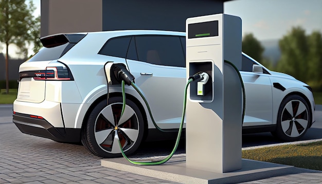 EV-auto of elektrisch voertuig bij het laadstation met de voedingskabel van de pomp aangesloten