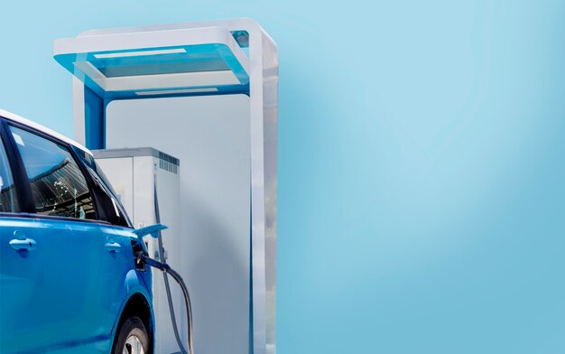 EV-auto opladen op groene energiestation voor auto met blauw thema met kopieerruimte (inclusief pad)