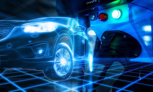 미래형 차량 컨셉의 EV 자동차와 전기차 충전소 EV 자동차 충전소
