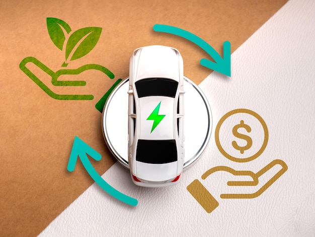 사진 전기자동차: 지속가능한 발전 에너지 및 비용 절약 개념 전기 배터리 충전 아이콘은 돈을 절약하는 자전거 화살표와 녹색 지구 관리 상징이 있는 색 자동차에 있습니다.