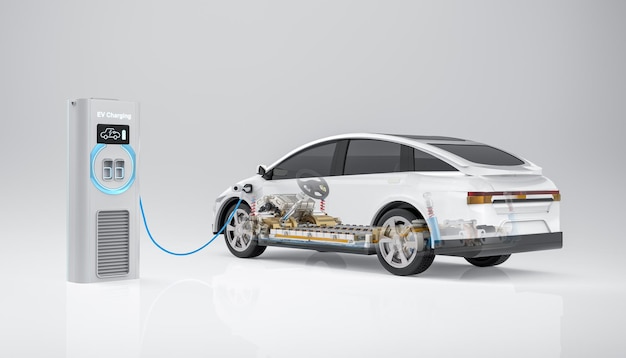 Ev car or electric vehicle charge battery plug in with recharging station