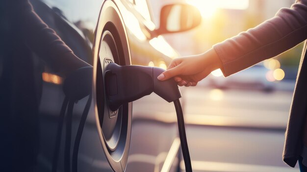 EV Car or Electric vehicle at charging station with the power cable supply plugged in on blurred nat