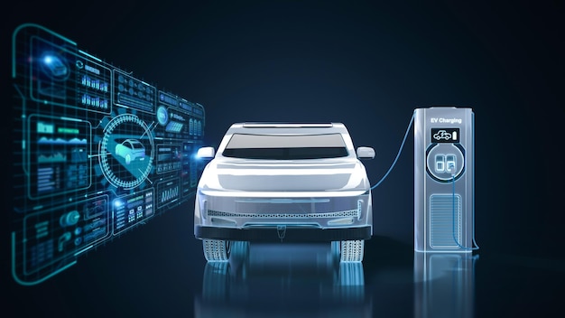 Ev car or electric vehicle plug in with recharging station display graphic interface