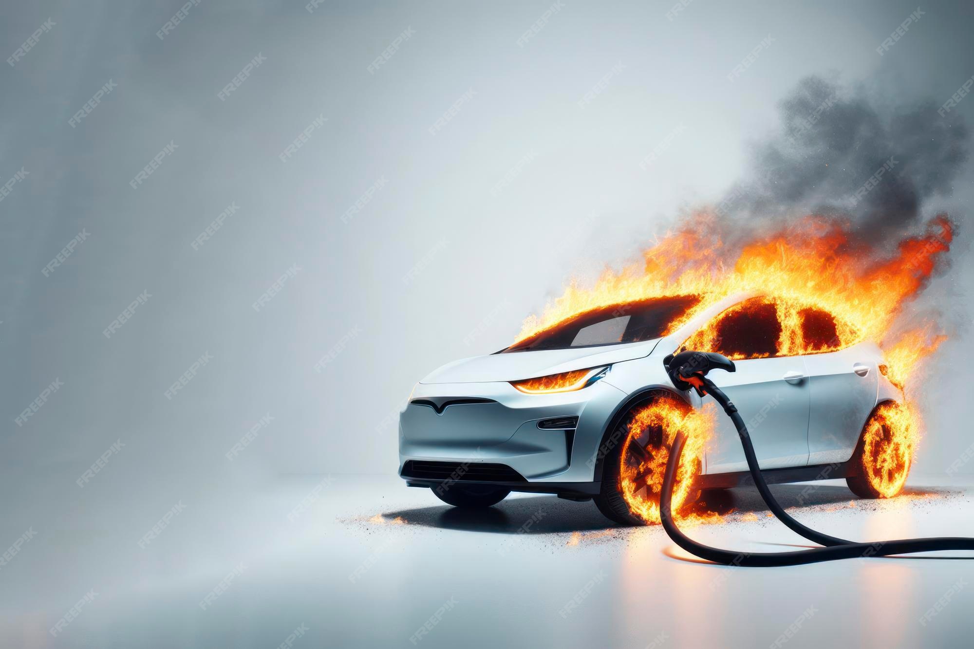 Premium AI Image EV car fire while charging Fire hazard from car on