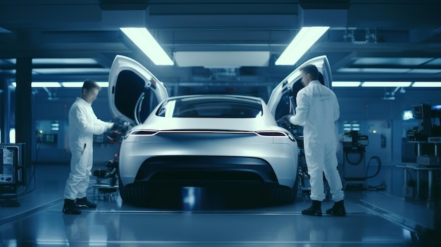 Photo ev car station technicians and mechanics in white smart uniform with masks repairing replacing