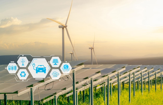 EV 車と持続可能なエネルギーの概念 電気自動車のバッテリーを充電するためのクリーン エネルギー ソーラー