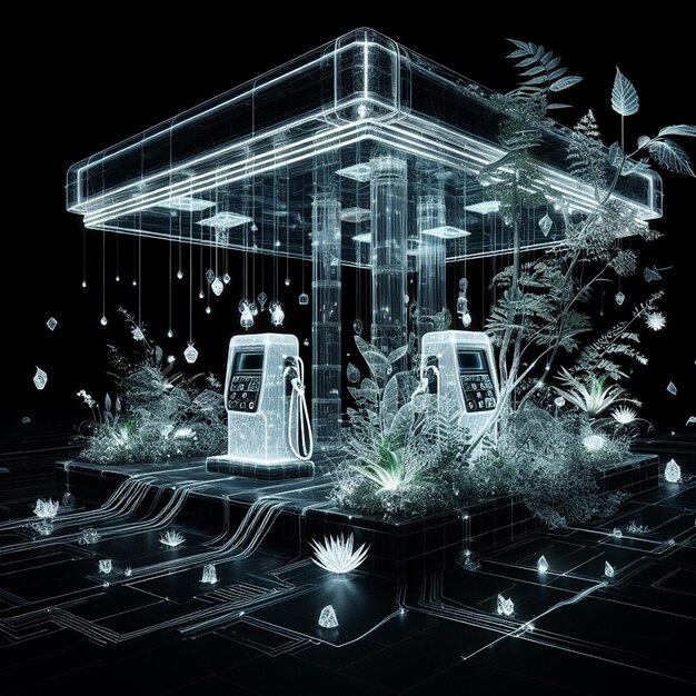 EV charging station 3D render foliage and flower black background