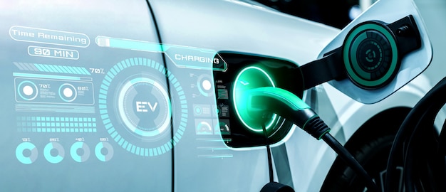 Photo ev charging station for electric car in concept of alternative green energy