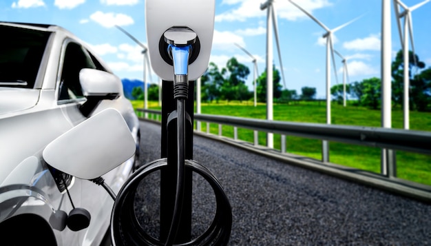 Ev charging station for electric car in concept of green\
sustainable energy