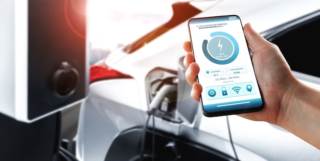 Ev charging station for electric car with mobile app display
charger status