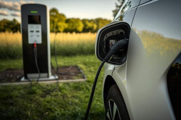 EV charging station for electric vehicles in the concept of green energy reduce CO2 emissions ai generation