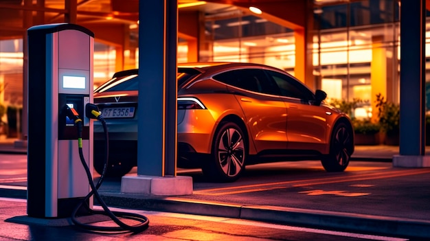 EV electric car plugged charging at standalone station Generative AI