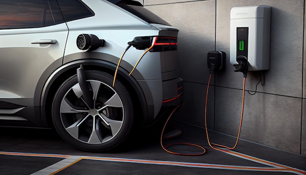 Электрический автомобиль EV подключен к зарядке на автономной станции