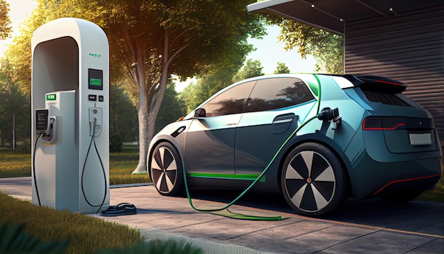 EV electric car plugged charging at standalone station
