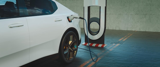 EV Electric car silhouette with low battery charging at electric charge station