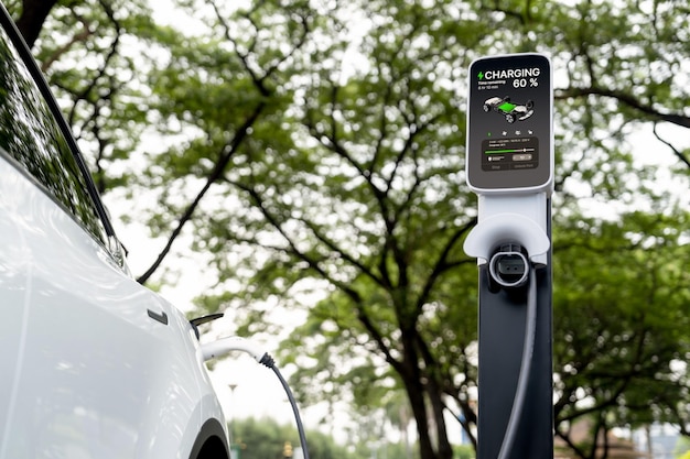 Photo ev electric vehicle recharging battery in national park exalt