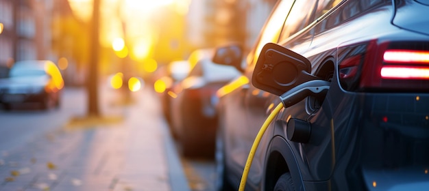 EV-laadstation met aangesloten kabel in stedelijke infrastructuur met kopieerruimte