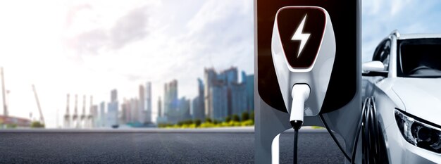 EV laadstation voor elektrische auto in concept van groene energie en eco power