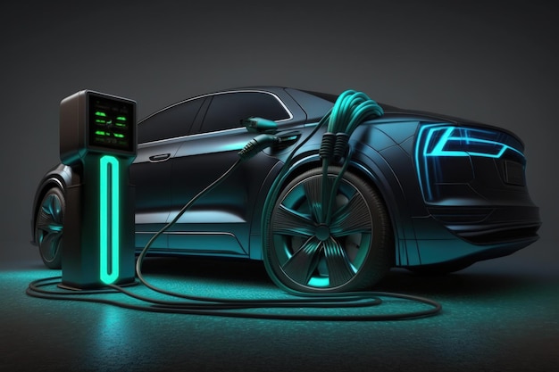 EV Plug a power cable into an electric source while an electric vehicle is charging