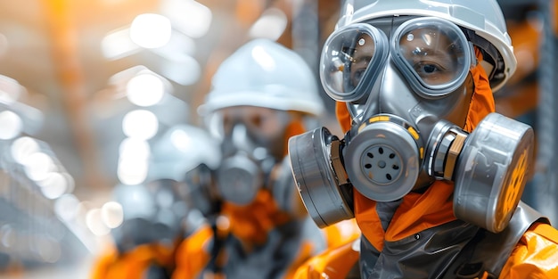 Photo evaluating toxic spills in industrial warehouses technicians in gas masks concept chemical contamination hazardous situations safety gear industrial protocols emergency response