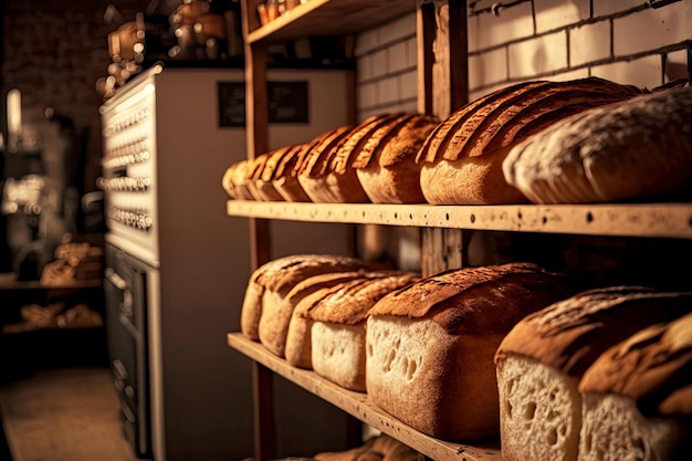 Ровный ряд свежеиспеченного хлеба на закваске, лежащего в пекарне