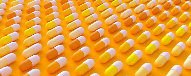 Even rows of yellow pills on a yellow background, 3d illustration