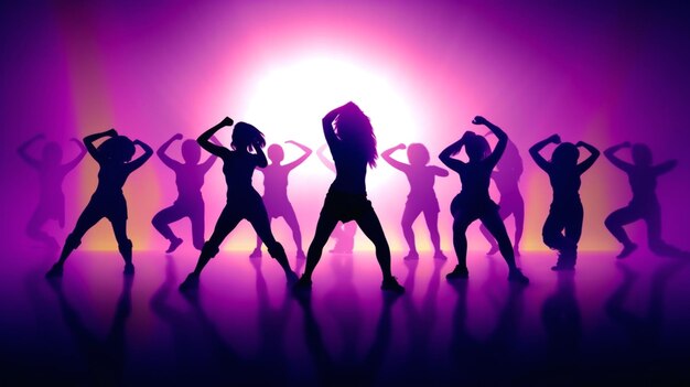 Evening aerobics class women in purple women workout attire dance with enthusiasm